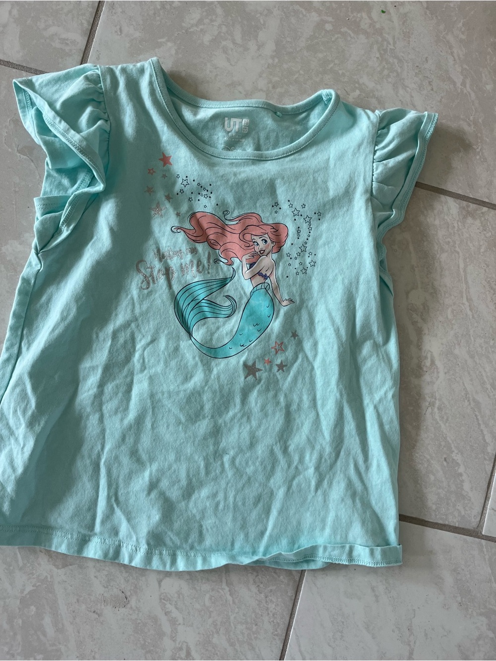 Uniqlo Disney Light Teal Ariel Ruffle Sleeve Tee 5-6 yo. new
